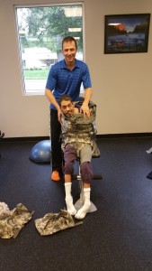 Trying on the modified back pack for the first time